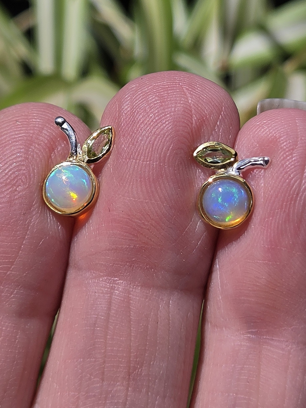 Opal & Peridot Cherry Stud Earrings - Gold & Sterling
